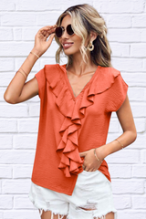 Ruffled V-Neck Short Sleeve Blouse