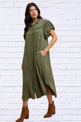 Mineral Washed Button Down Puff Sleeve Shirt Dress