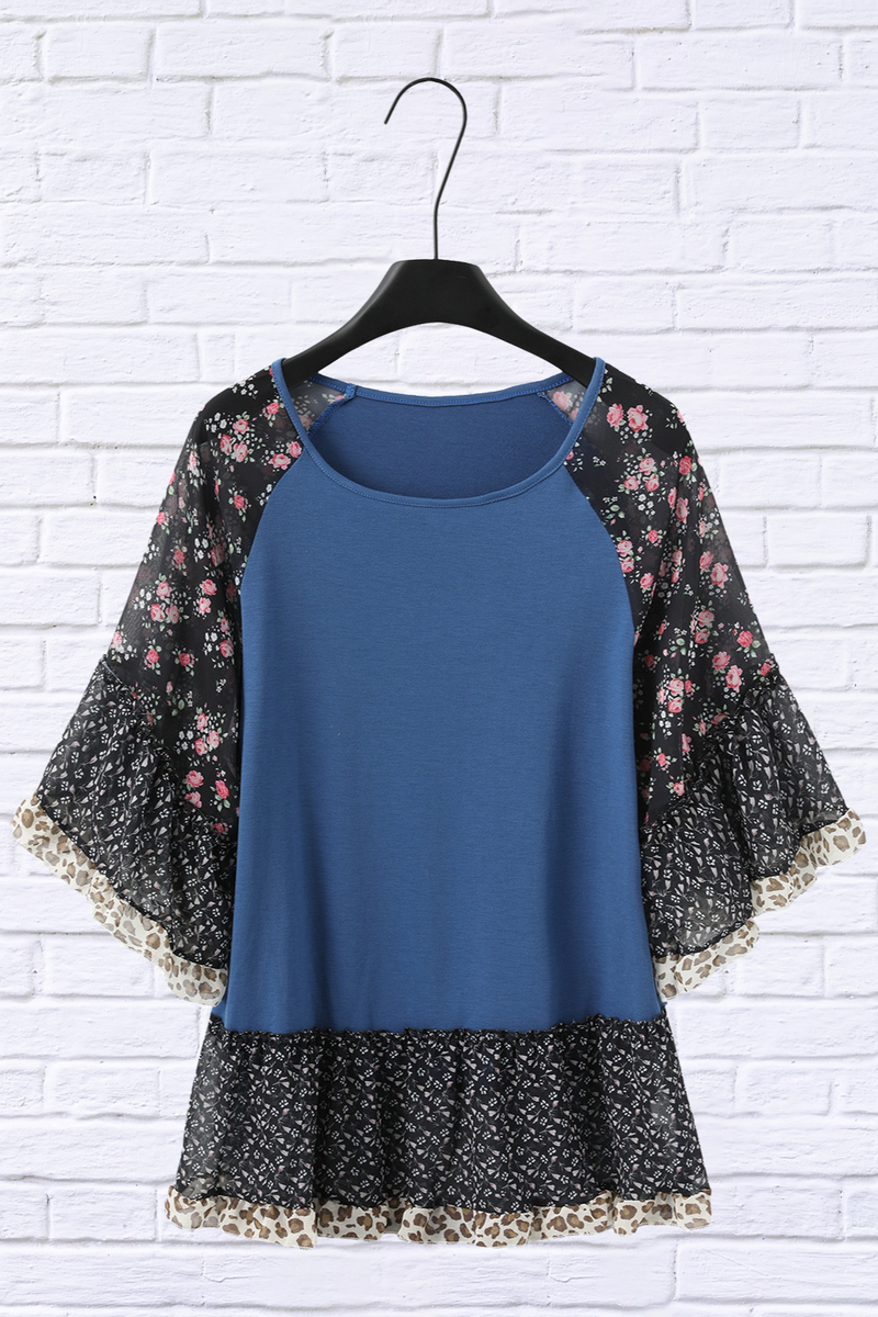 Full Size Frill Printed Round Neck Half Sleeve Blouse