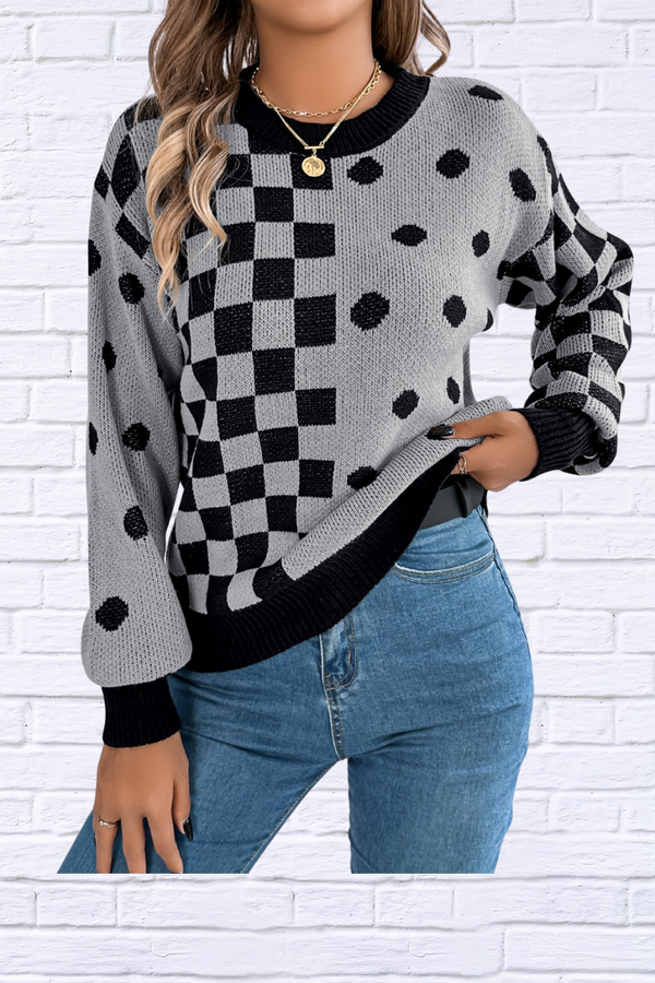 Plaid Round Neck Long Sleeve Sweater