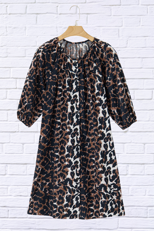 Leopard Button Up Half Sleeve Mini Dress