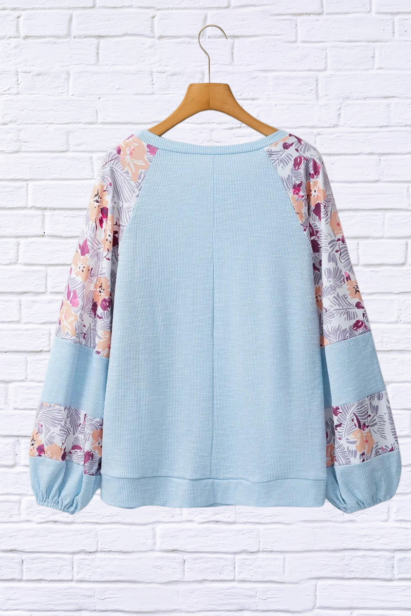 Printed Round Neck Balloon Sleeve Blouse