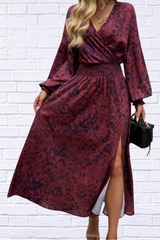 Split Printed Surplice Long Sleeve Midi Dress