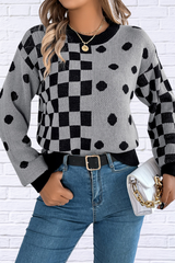 Plaid Round Neck Long Sleeve Sweater