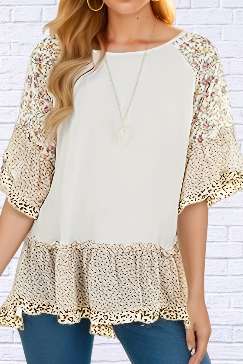 Full Size Frill Printed Round Neck Half Sleeve Blouse