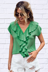 Ruffled V-Neck Short Sleeve Blouse