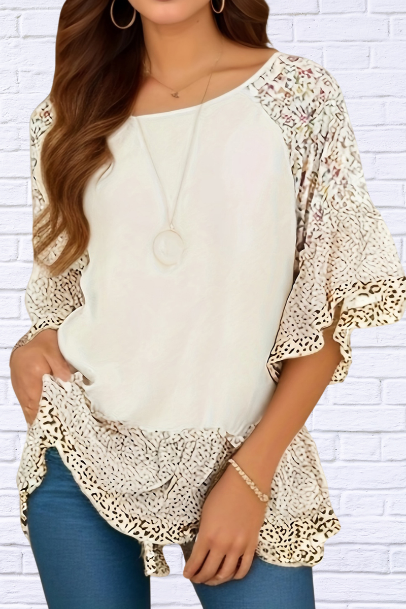 Full Size Frill Printed Round Neck Half Sleeve Blouse