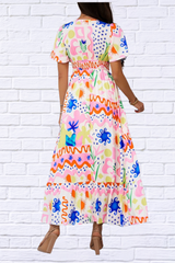 Smocked Printed V-Neck Short Sleeve Maxi Dress