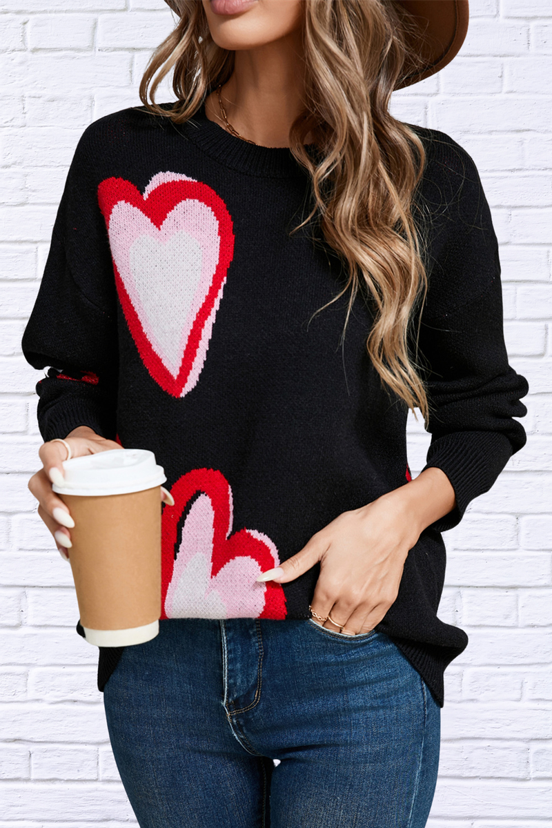 Heart Round Neck Long Sleeve Sweater