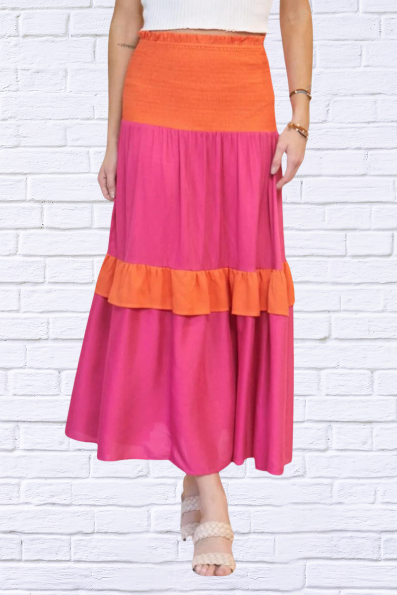 Hot Pink and Orange ColourBlock Smocked Ruffle  Maxi Skirt