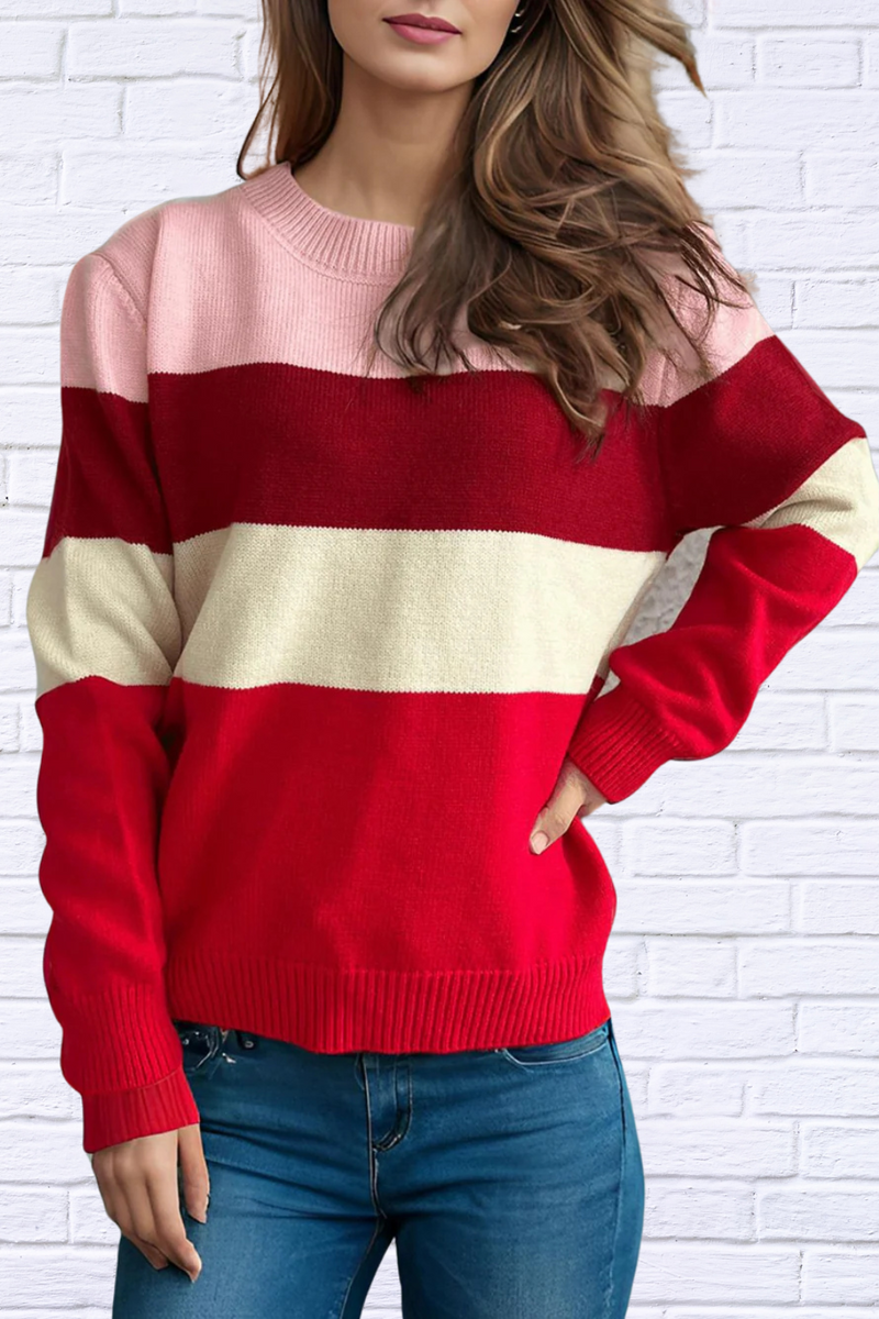 Ruby Color Block Stripe Round Neck Long Sleeve Sweater