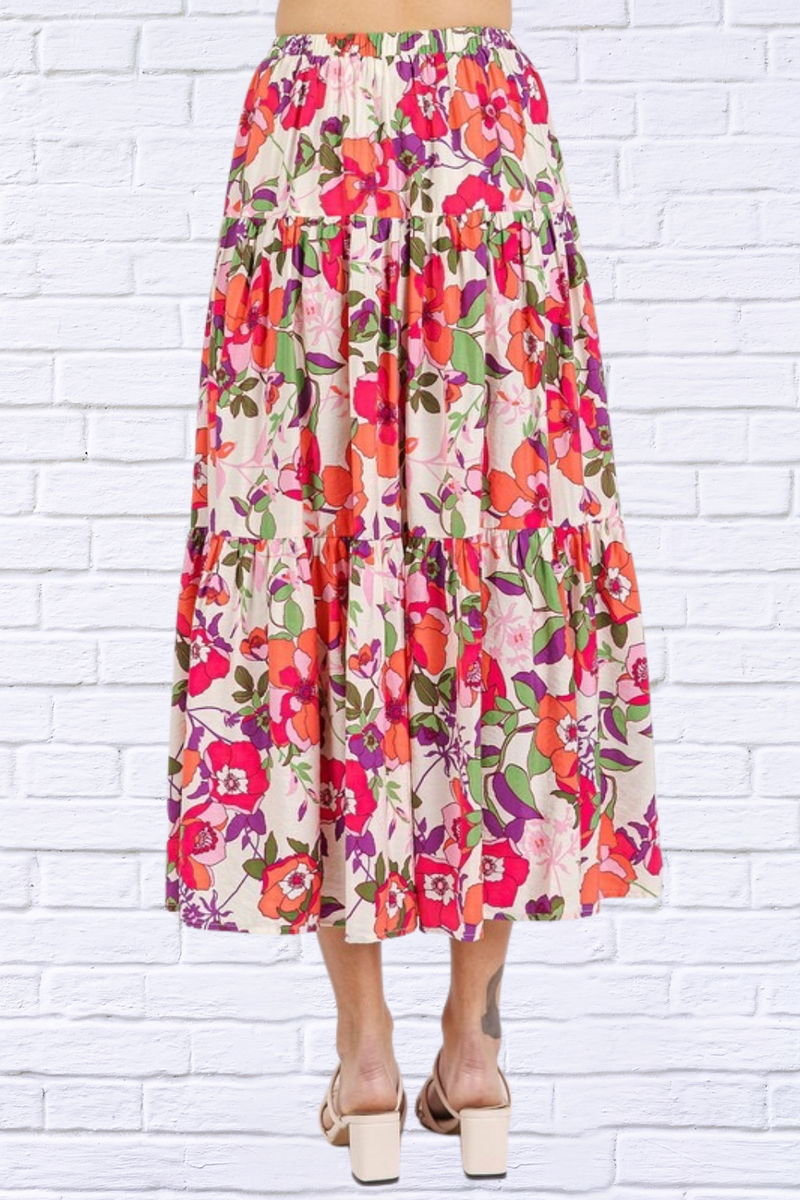 Flower Print Elastic Waist Tiered Skirt