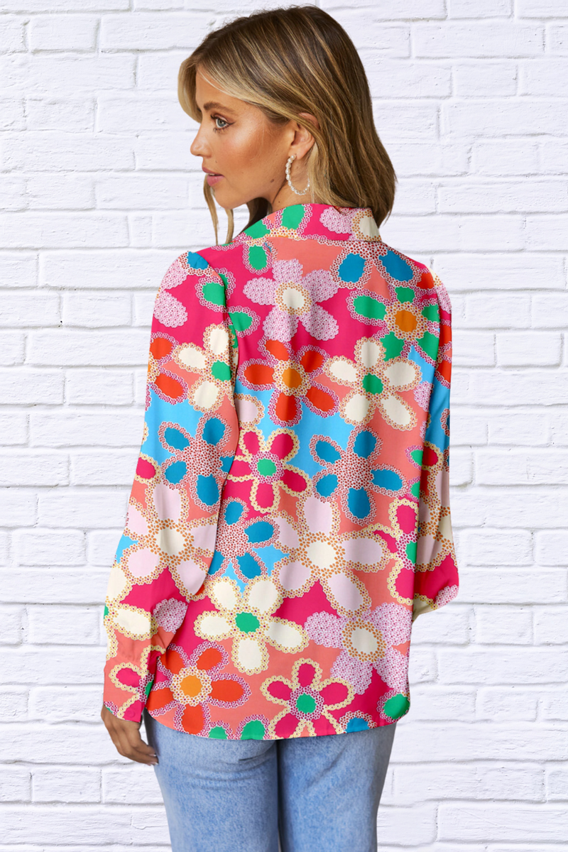 Floral Print Lantern Sleeve Collared Neck Shirt