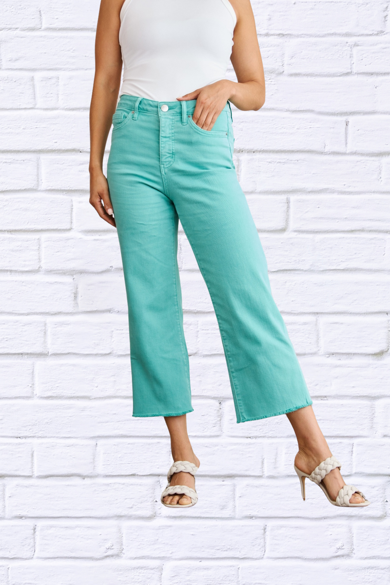 Island Green Crop Chloe Full Size Tummy Control High Waist Raw Hem Jeans