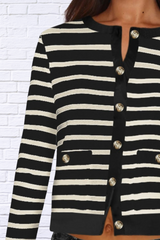 Striped Round Neck Button Up Long Sleeve Cardigan