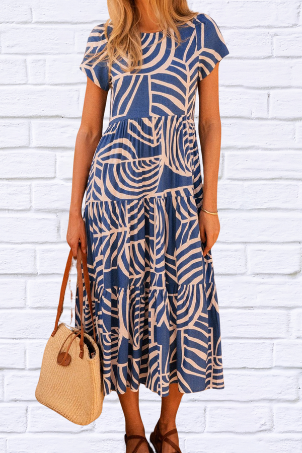 Tiered Printed Round Neck Short Sleeve Dress