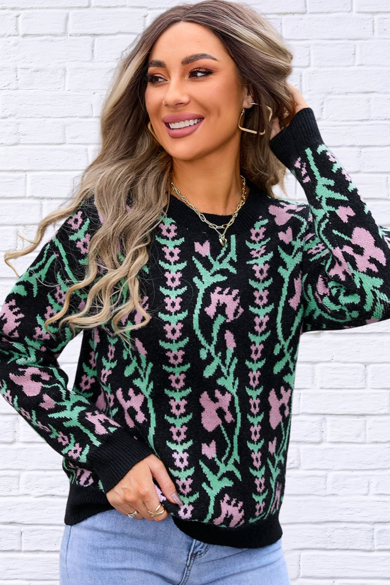 Delicate  Flower Round Neck Long Sleeve Sweater