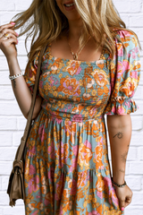 Smocked Printed Short Sleeve Dress