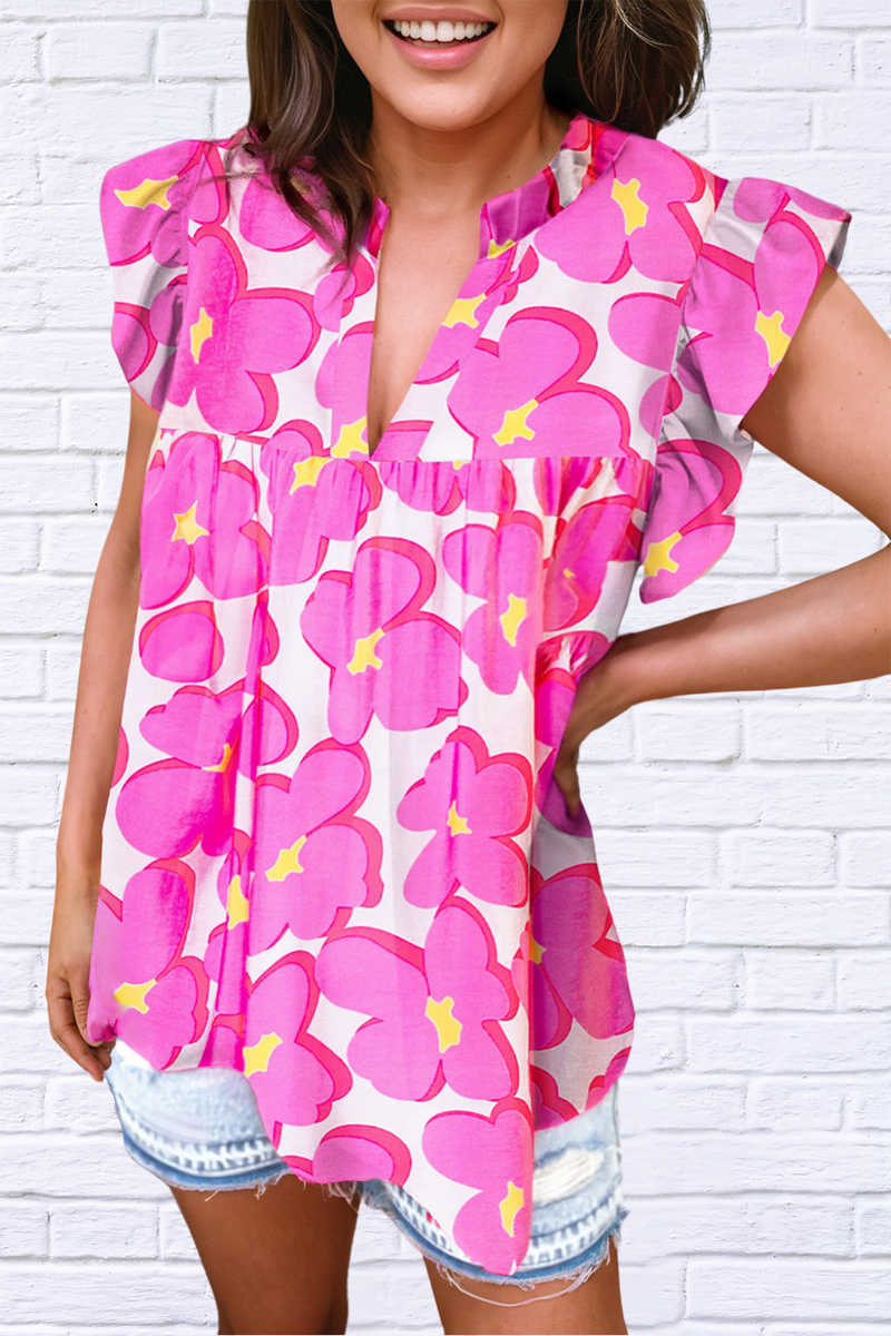 Tulip Ruffled Printed Notched Cap Sleeve Blouse