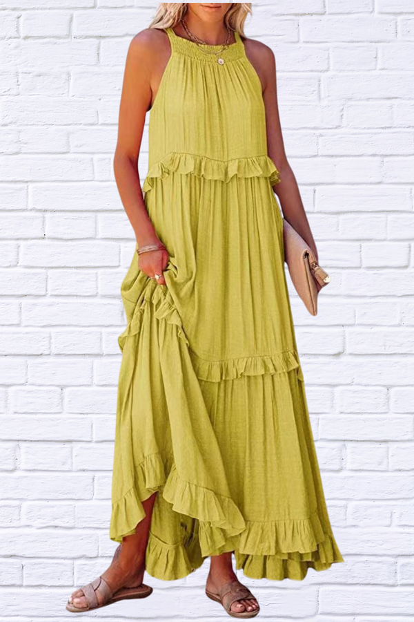 Ruffled Sleeveless Maxi Dress with Pockets