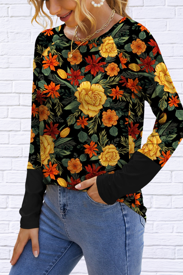 Floral Printed Round Neck Long Sleeve T-Shirt