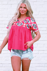 Embroidered Tie Neck Short Sleeve Blouse