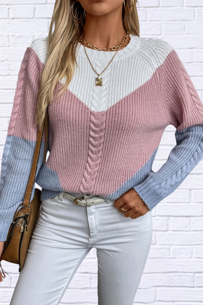 Sally Color Block Round Neck Long Sleeve Sweater