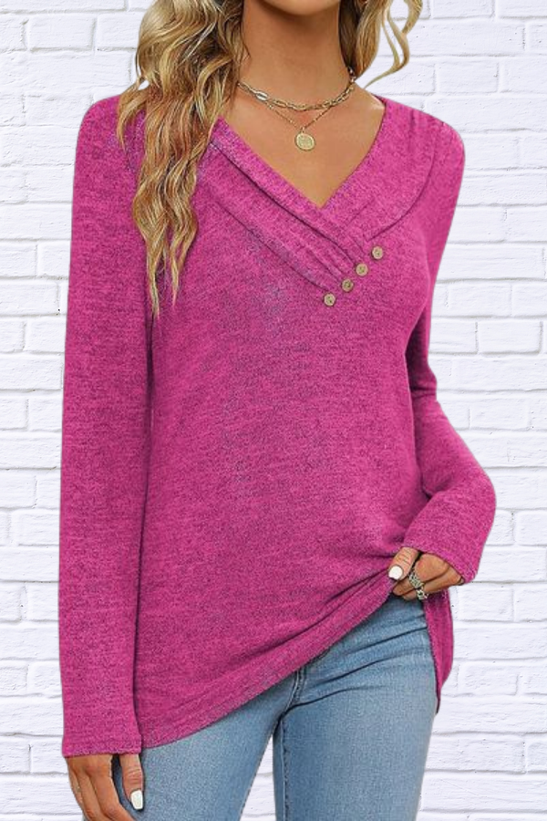 Long Sleeve Hot Pink V-neck Button Up Top