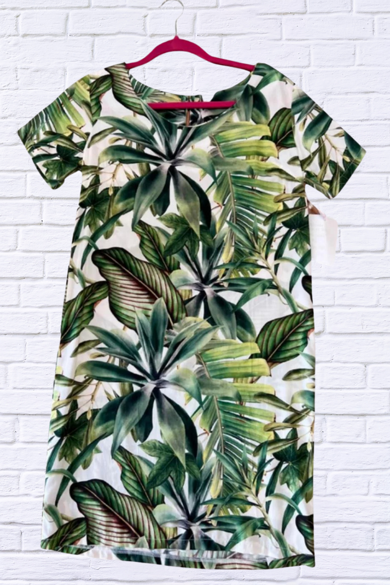 Jenneke Palm Leaf Shift Dress - Palm Green Leafs Printed on a white Back Ground