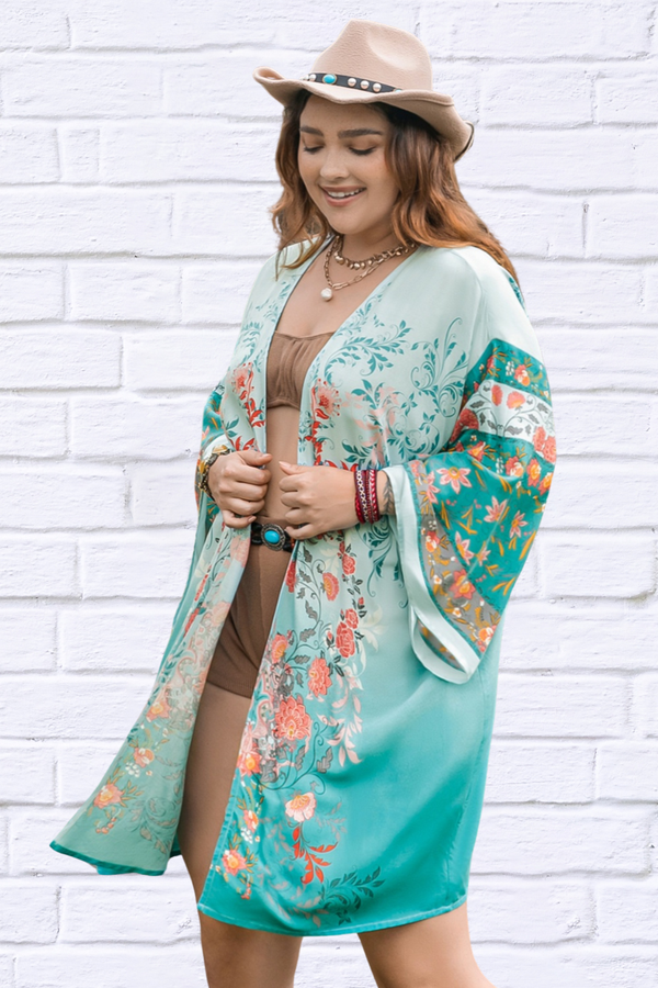 Plus Size Turquoise Printed Open Front Long Sleeve Cover Up