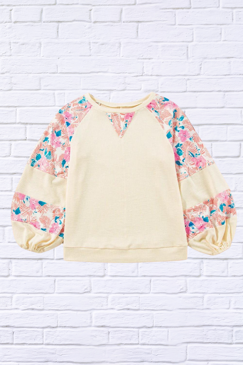 Printed Round Neck Balloon Sleeve Blouse