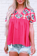 Embroidered Tie Neck Short Sleeve Blouse