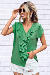 Ruffled V-Neck Short Sleeve Blouse