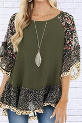 Full Size Frill Printed Round Neck Half Sleeve Blouse