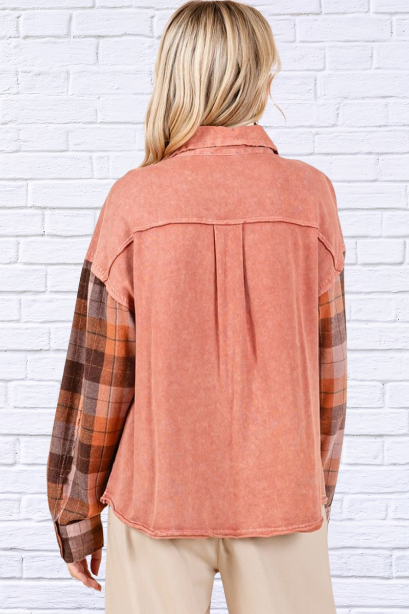 Button Down Terracotta Contrast Plaid Patchwork Shacket