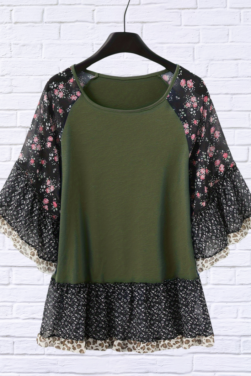 Full Size Frill Printed Round Neck Half Sleeve Blouse