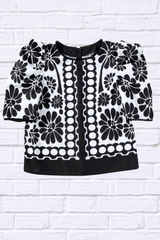 Printed Black and White Round Neck Half Sleeve Blouse