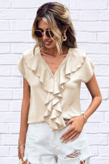 Ruffled V-Neck Short Sleeve Blouse