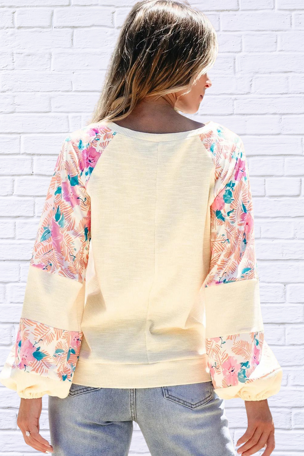 Printed Round Neck Balloon Sleeve Blouse