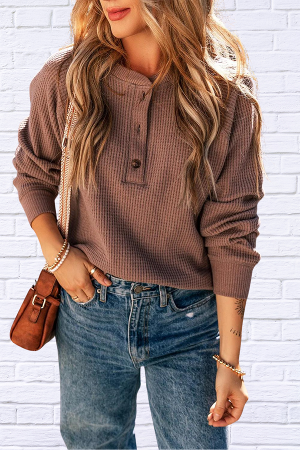 Waffle-Knit Round Neck Long Sleeve Blouse