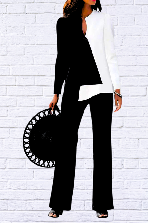 Black and White Color Blocking Long Sleeve Top Long Pants Two-piece Set