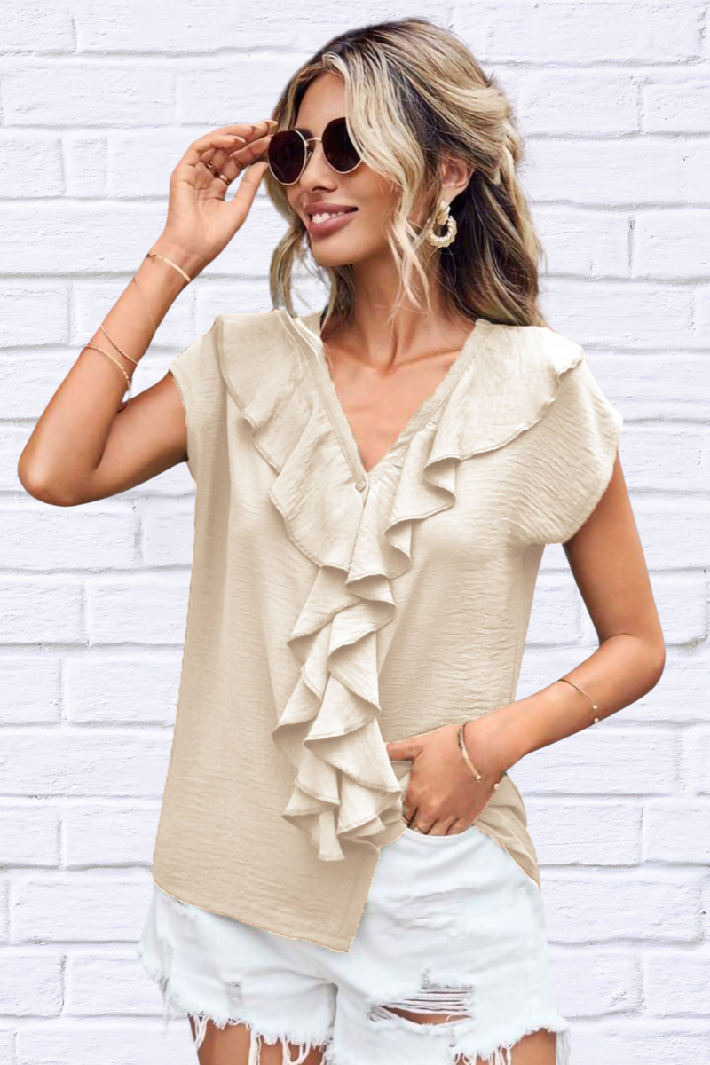 Ruffled V-Neck Short Sleeve Blouse