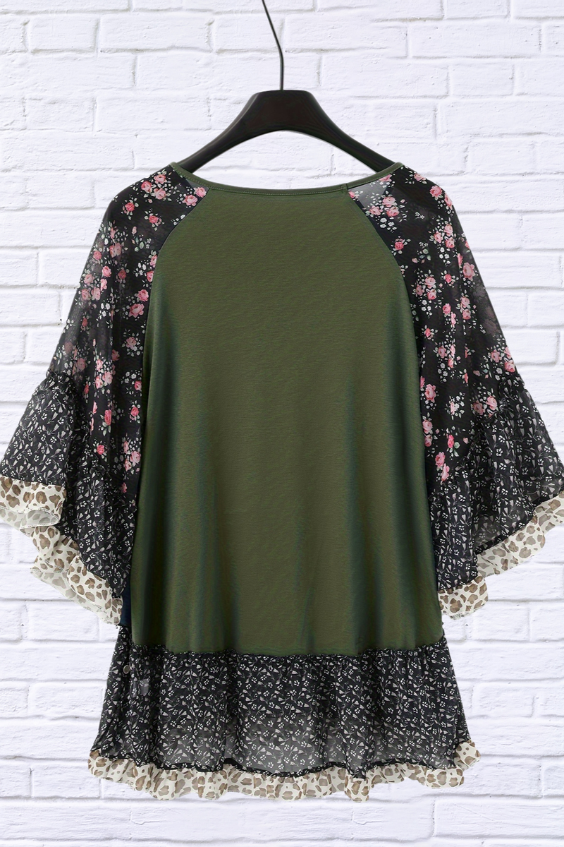 Full Size Frill Printed Round Neck Half Sleeve Blouse