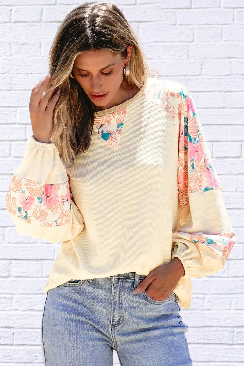 Printed Round Neck Balloon Sleeve Blouse