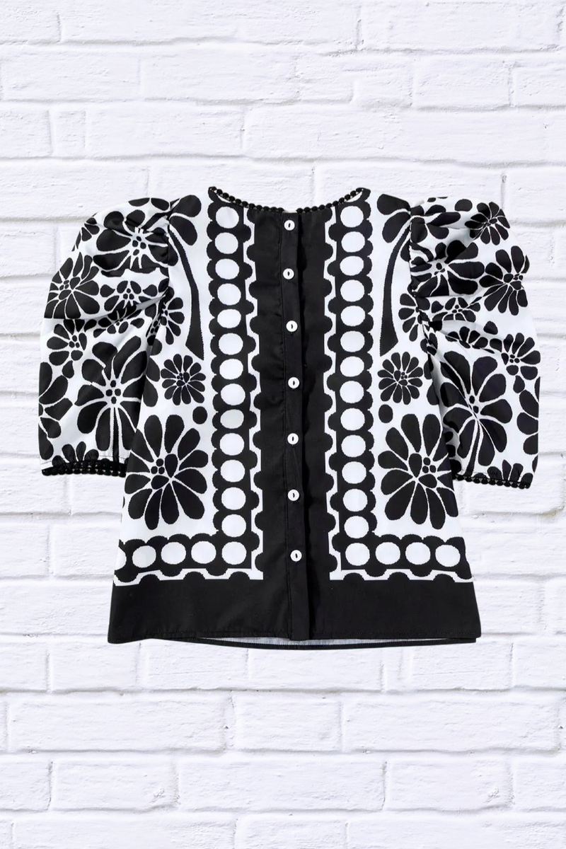 Printed Black and White Round Neck Half Sleeve Blouse