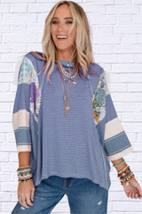 Striped Floral Patchwork Round Neck Top