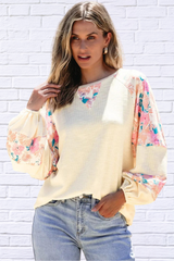 Printed Round Neck Balloon Sleeve Blouse