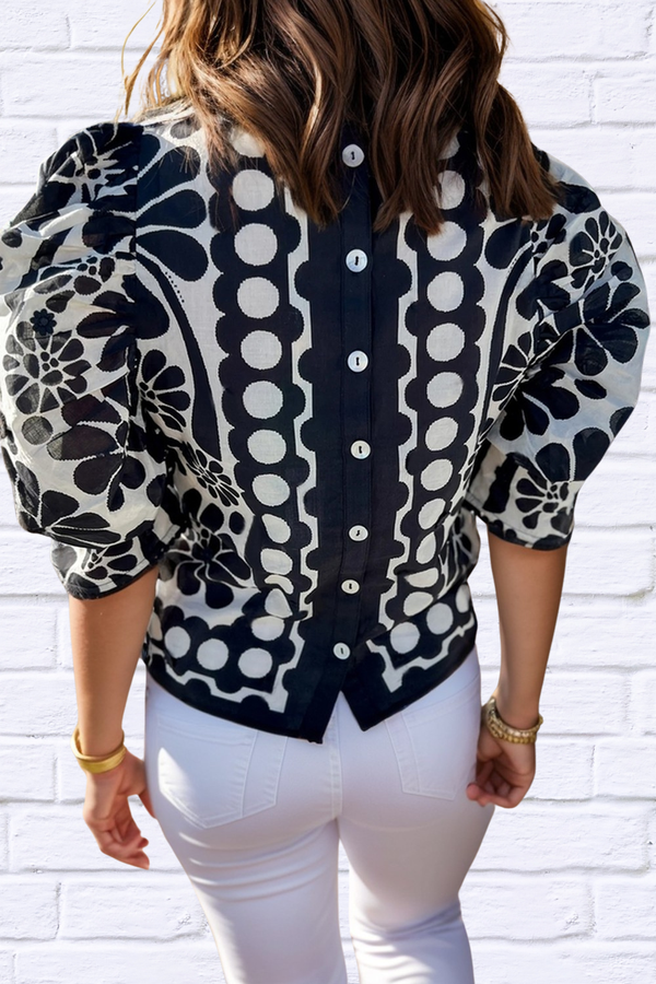 Printed Black and White Round Neck Half Sleeve Blouse