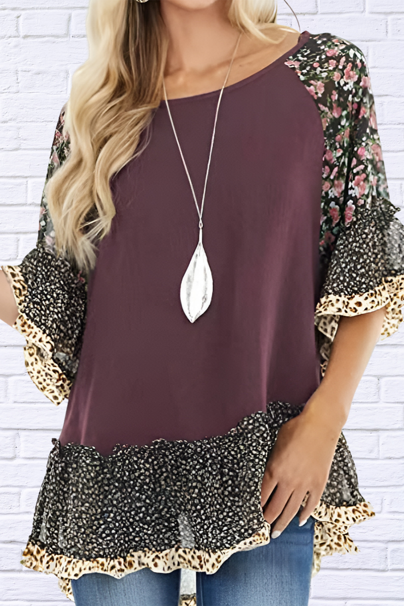 Full Size Frill Printed Round Neck Half Sleeve Blouse