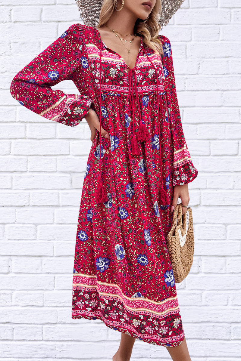 Devine Tassel Tied Printed Long Sleeve Dress